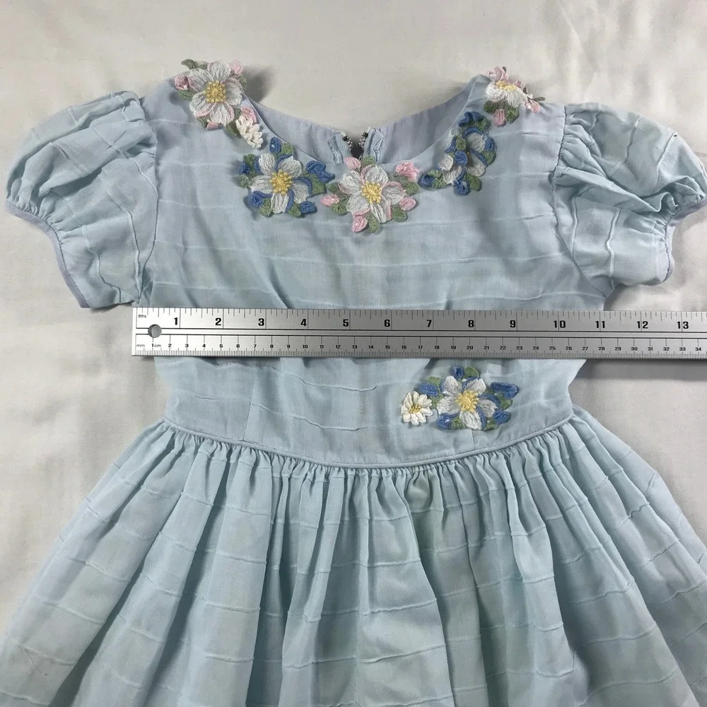 Vintage Best & Co Liliputian Bazaar Girls Blue Floral Embroidered Dress 1950s